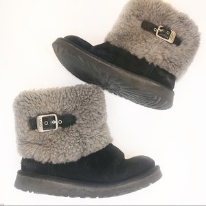 UGG Ellee Black Grey Fur Suede Buckle Boots